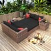 10 Pieces Outdoor Patio Garden Brown Wicker Sectional Conversation Sofa Set with Black Cushions and Red Pillows; w/ Furniture Protection Cover