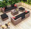 10 Pieces Outdoor Patio Garden Brown Wicker Sectional Conversation Sofa Set with Black Cushions and Red Pillows; w/ Furniture Protection Cover