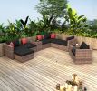 10 Pieces Outdoor Patio Garden Brown Wicker Sectional Conversation Sofa Set with Black Cushions and Red Pillows; w/ Furniture Protection Cover