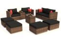 10 Pieces Outdoor Patio Garden Brown Wicker Sectional Conversation Sofa Set with Black Cushions and Red Pillows; w/ Furniture Protection Cover