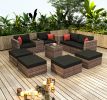 10 Pieces Outdoor Patio Garden Brown Wicker Sectional Conversation Sofa Set with Black Cushions and Red Pillows; w/ Furniture Protection Cover