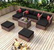 10 Pieces Outdoor Patio Garden Brown Wicker Sectional Conversation Sofa Set with Black Cushions and Red Pillows; w/ Furniture Protection Cover