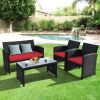 4 Pieces Rattan Patio Furniture Set with Weather Resistant Cushions and Tempered Glass Tabletop